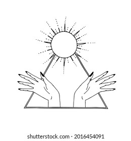 Vintage Mystic Sun and female hands inside triangle boho style Illustration