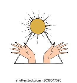 Vintage Mystic Sun and female hands inside triangle boho style Illustration