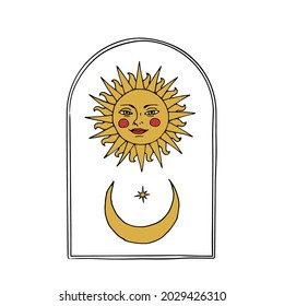 Vintage Mystic Sun and half Moon illustration with decorative border arch