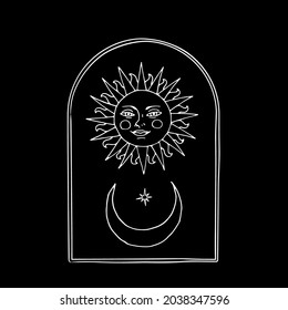 Vintage Mystic Sun and half Moon illustration with decorative border arch