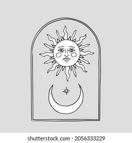 Vintage Mystic Sun and half Moon illustration with decorative border arch