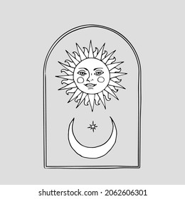 Vintage Mystic Sun and half Moon illustration with decorative border arch