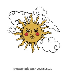 Vintage Mystic Sun with human face in the sky with clouds colorful illustration in line art style