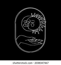 Vintage Mystic Sun and Moon Kissing illustration with decorative border and female hand