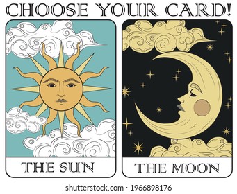 Vintage mystic the sun and the moon tarot card illustration print for girl - woman tee t shirt or sticker - poster - Vector 