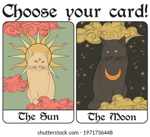 Vintage mystic sun   moon tarot card and cat illustration print and stars    clouds   slogan for girl    woman tee t shirt poster