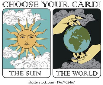 Vintage mystic the sun and the world tarot card illustration print for girl - woman tee t shirt or sticker - poster - Vector 