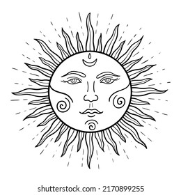 Vintage mystical Boho Sun in a linear style. Vector illustration isolated on white for tarot card, astrology, heavenly boho design. Celestial design.