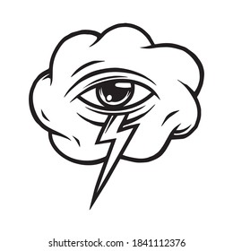 Vintage mystical monochrome tattoo concept of cloud with lightning and all seeing eye isolated vector illustration