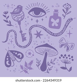 Vintage mystical seamless pattern. Magic natural symbols: bird, moon, plants, giblets, potions, hands, moths, eyes. Print for textiles, postcards, typography and web.