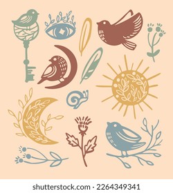 Vintage mystical seamless pattern. Magic natural symbols: bird, moon, plants, giblets, potions, hands, moths, eyes. Print for textiles, postcards, typography and web.