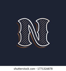 Vintage N letter logo with line decoration. Classic serif lettering. Vector font perfect to use in any alcohol labels, retro style posters, luxury identity, etc.