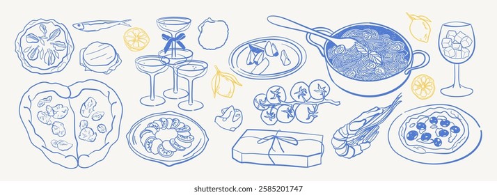 Vintage naive Italian food. Pizza, pasta, shrimp, mozzarella. Doodle drawing set in dolce vita sketch style for kitchen posters, wedding invitations, menus. Elegant Greek Dining Illustration.	
