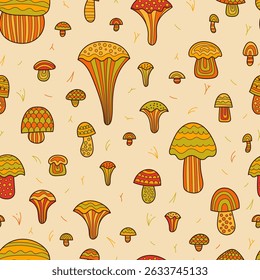 Vintage Naive Mushroom Pattern – Retro Faded Colors Seamless pattern of hand-drawn mushrooms in a naive, childlike style with warm retro tones of faded orange, yellow, red, and green. 