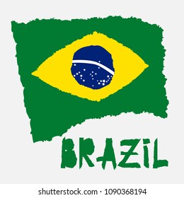 Vintage national flag of Brazil in torn paper grunge texture style. Independence day background. Isolated on white Good idea for retro badge, banner, T-shirt graphic design. Vector illustration