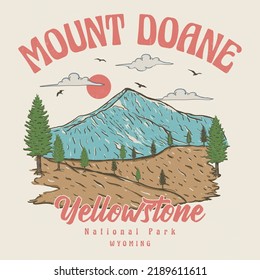 Vintage National Park Mountain in Wyoming. Mount Doane Landscape. Retro illustrated travel poster for Wyoming.