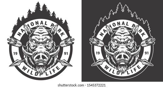 Vintage national park round badge with angry wild boar head crossed arrows forest landscape in monochrome style isolated vector illustration
