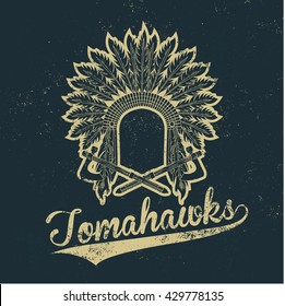 Vintage native american indian chief headdress old grunge effect tee print vector design illustration. Premium quality superior logo concept. T-shirt emblem