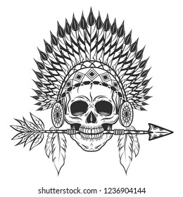 Vintage native american indian skull with feathers headwear and arrow monochrome isolated vector illustration