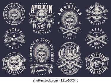 Vintage native american logos collection with indian chief and warrior skulls arrows tomahawks smoking pipes in monochrome style isolated vector illustration