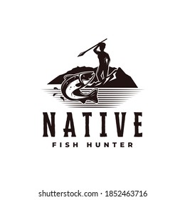 Logo de cazadores nativos vintage con un hombre apuntando a la ilustración de peces vector sobre fondo blanco