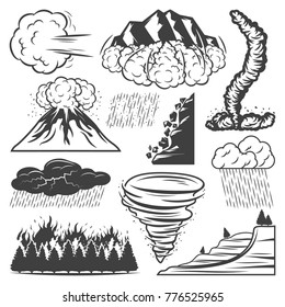 Vintage natural disasters collection with tornado volcano eruption storm rainfall hail thunderstorm landslide avalanche wildfire isolated vector illustration