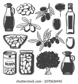 Vintage natural olive collection with tree branches can glass container bottle and jug isolated vector illustration