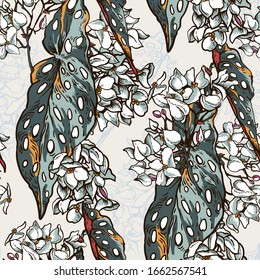Vintage natural tropical seamless pattern with blooming begonia maculata. Trendy exotic leaves. Greenery garden housplant rexture.