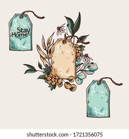 Vintage natural vector label illustration. Colorful tag collection with wildflowers on white background.