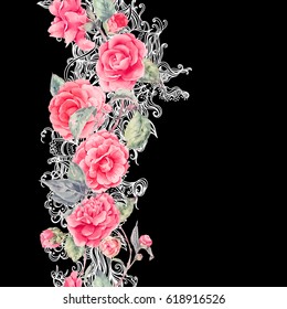 Vintage natural vector lace and camellia flowers seamless border, Greeting card, botanical illustration in watercolor style