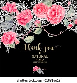 Vintage natural vector lace and camellia flowers, Greeting card, botanical illustration in watercolor style