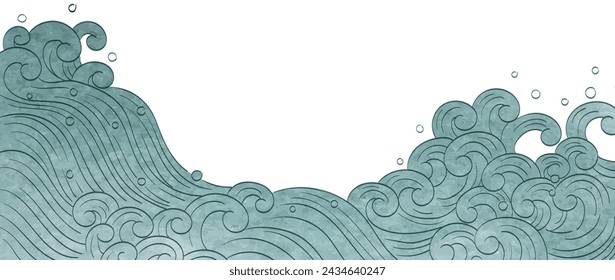 Vintage natural wave pattern with ocean sea decoration banner design in vintage style. Japanese background with watercolor texture painting element vector. Marine frame and border template