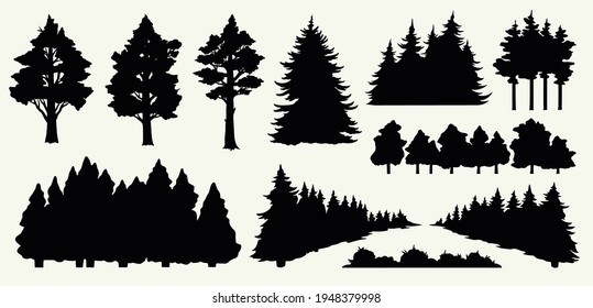 Vintage nature elements composition with black trees and bushes silhouettes on white background isolated vector illustration