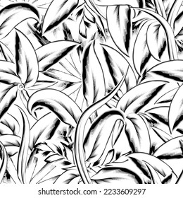 vintage nature foliage seamless pattern with tropical plants leaves on white background. Vector illustration. Seamless exotic pattern with tropical plants. Jungle leaves. Botanical pattern. autumn
