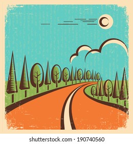 vintage nature landscape with road on old paper.Vector color poster