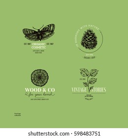 Vintage nature logo collection. Engraved logo set. Vector illustration