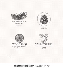 Vintage nature logo collection. Engraved logo set. Vector illustration