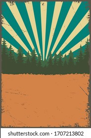 Vintage nature panorama poster with field and forest landscape and radial background vector illustration