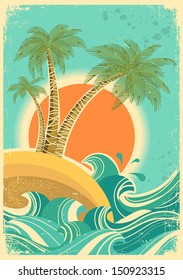 Vintage nature sea with waves and sun.Vector retro poster on old paper texture background