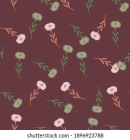 Vintage nature seamless pattern with green and pink flowers elements. Maroon background. Flat vector print for textile, fabric, giftwrap, wallpapers. Endless illustration.