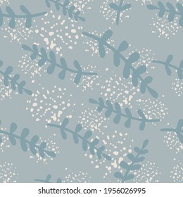 Vintage nature seamless pattern with random tropical branches ornament. Blue background with splashes. Decorative backdrop for fabric design, textile print, wrapping, cover. Vector illustration.