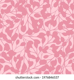 Vintage nature seamless pattern with random doodle white eucalyptus ornament. Pink pastel background. Designed for fabric design, textile print, wrapping, cover. Vector illustration.