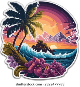 Vintage nature of sunset beach island logo design