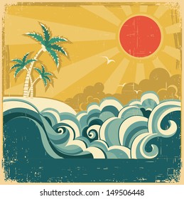 Vintage nature tropical seascape background with palms .Vector poster for design