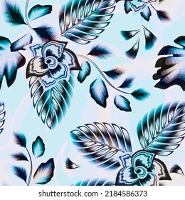 vintage nature wallpaper seamless pattern with tropical leaves and plants foliage on wave background. sky blue background. Floral background. tropical wallpaper. jungle print. Exotic tropics. summer
