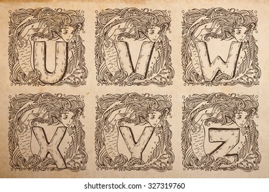 Vintage nautical alphabet - u, w, v, x, y, z - uppercase letters on realistic old parchment background, with beautiful mermaid vignette, decorative scrapbooking elements