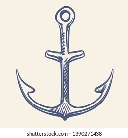 Vintage nautical anchor. Hand drawing marine old sketch adventure travel manuscript print