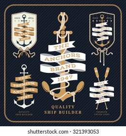 Vintage nautical anchor and ribbon labels set on dark striped background