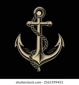 Vintage Nautical Anchor with Rope Illustration on Black Background