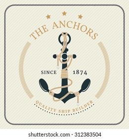 Vintage nautical anchor and tied rope label on striped background